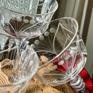 Vintage Libbey Rock Sharpe Mosque Rose Tall Sherbet or Champagne Crystal Goblets